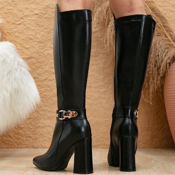 sleek Black Pointed Toe Chunky Heel Women's contemporary Dress Boots - Picture 4 of 6